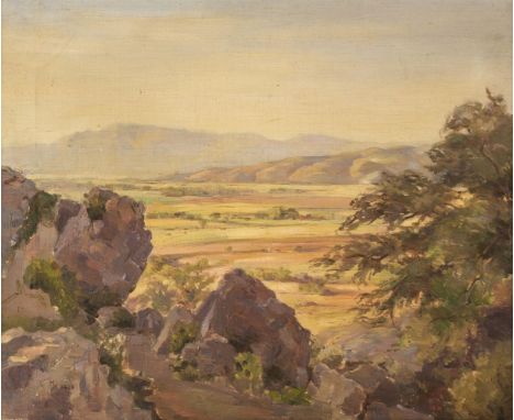 * Marshall (M., early 20th century). "Sunlit plains, Taxila", 1928, oil on canvas, monogram and date to lower left, verso wit