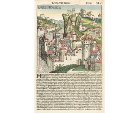 Schedel (Hartmann). Anglie Provincia, [1493], hand coloured woodblock of an imaginary view of an English town, Latin text bel