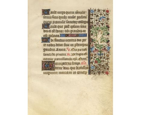* Illuminated leaves. Two illuminated leaves from a manuscript Book of Hours, French, circa 1450, illuminated manuscript on v