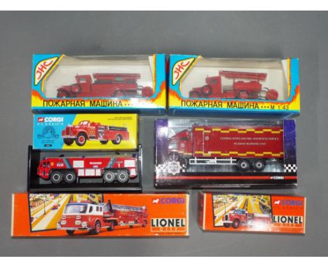 Corgi, OMO and Other - Seven predominately boxed diecast model Fire Appliances in various scales. Lot includes OMO Russian Di