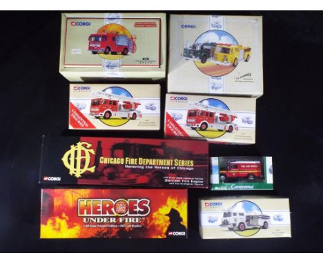 Corgi, Cararama - Eight boxed diecast model Fire Appliances in various scales. Lot includes 21802 Hong Kong AEC Fire Engine; 