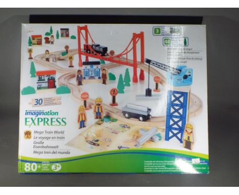 Imagination Express - A boxed Imagination Express Mega Train World Wooden Train Set. The item is retail stock in a sealed box