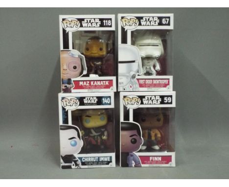 Funko Pop - Four boxed Star wars Funko Pop vinyl figures. Lot consists of #59 Finn; #67 First Order Snowtrooper; #118 Maz Kan