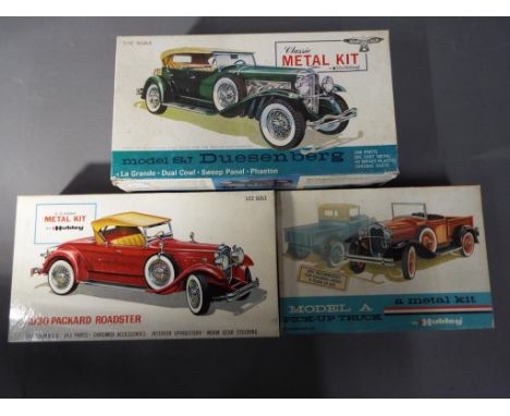 Hubley, Gabriel - Three boxed Hubley / Gabriel Metal !:18 and 1:22 scale Model Kits.Lot consists of #4855 Model A Pick-Up tru