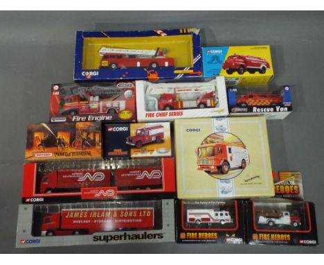 Corgi, Matchbox, Teamsters and Other - 12 boxed diecast model vehicles in various scales predominately Fire Appliances. Lot i