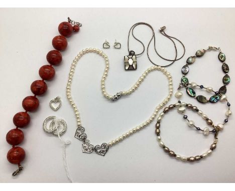A Large Coral Beaded Bracelet, to "925" clasp, together with a freshwater pearl bead necklace with heartshape drops, crystal 