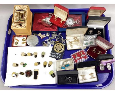 An Assortment of Gent's Accessories, to include novelty enamelled pins, Celtic style cufflinks, modern collectors pocketwatch
