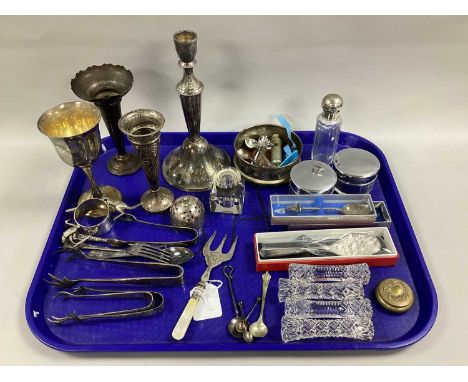 A Collection of Platedware, to include dressing table jars, bottle coaster with turned wood base, novelty sugar tongs, Austra