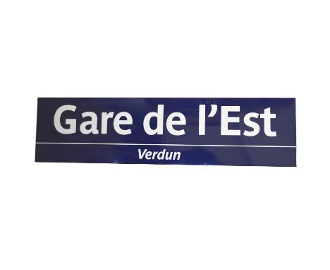 Large original French railway station enamel sign 'Gare de L'Est - Verdun', blue ground, white text, flanged edge, 53cm by 20