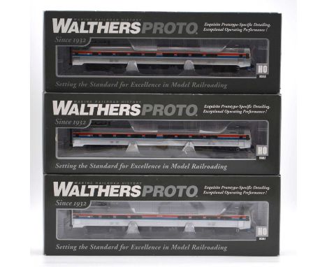 Walthers Proto HO gauge model railway coaches, three including ref 920-14822 85' Budd Metroliner Parlor car Amtrak phase 2 (x
