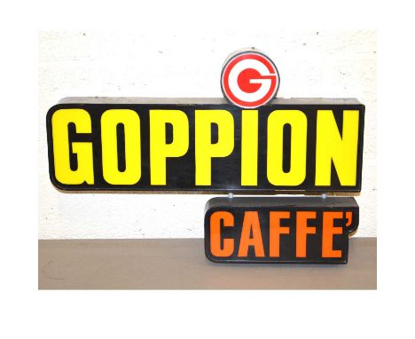 Advertising light up sign 'Goppion Caffe', orange and yellow text, plastic body, 41.5cm 60.50cm. 