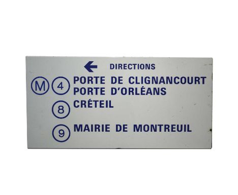 Original French railway station enamel directions sign 'M4 Porte de Clignancourt Porte D'Orleans', white ground, blue text, 5
