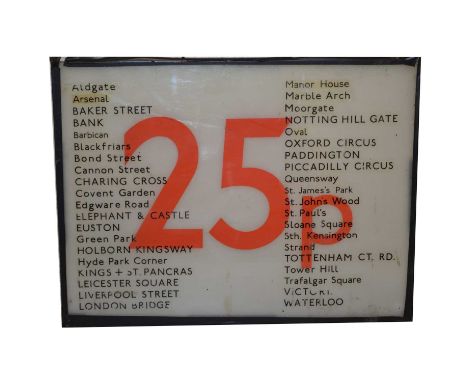 Original 1970s London Underground ticket price sign, 25p, glass and plastic with list of stations to front, 37cm by 48.5cm.
