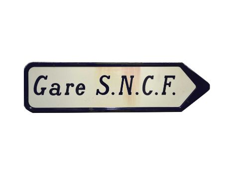 Original French railway station / road enamel arrow sign, 'Gare SNCF', cream ground with blue edge and text, 25cm by 95cm.