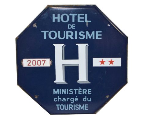 Original French enamel sign, 'Hotel Tourisme H Ministere charge du Tourisme', octagonal shape, blue ground with white and blu