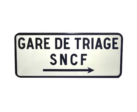 Large original french railway station enamel sign 'Gare de Triage SNCF' cream ground with blue edge and text, flanged edge, 4