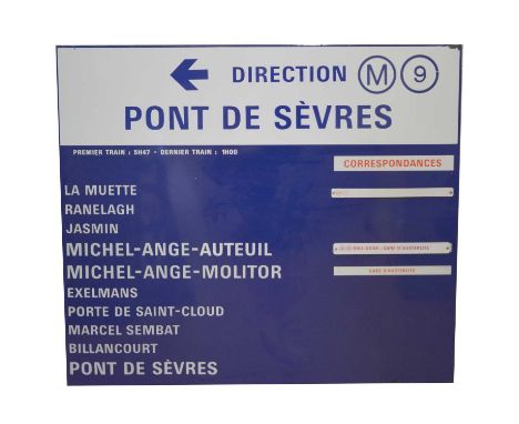 Large original French railway station enamel directions sign, 'M9 Pont De Sevres', blue and white ground, flanged edges, 92cm