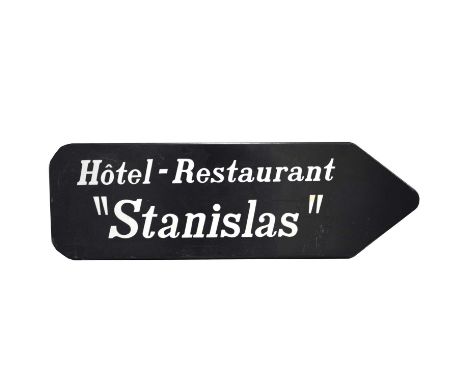 Original French railway station / road enamel arrow sign, 'Hotel-Restaurant Stanislas', dark blue ground, white text, 25cm by