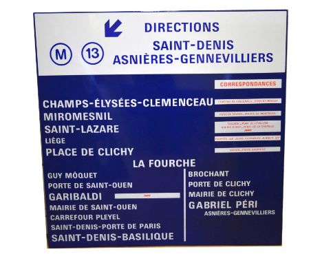 Large original French railway station enamel directions sign, 'M13 Directions Saint-Denis Asnieres-Gennevilliers', blue and w