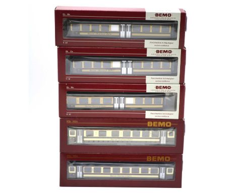 Bemo HOe gauge model railway passenger coaches, five including ref 1815-1 Bob AB 221; 1815-2 BOB B 272; 1815-3 BOB B 273; 327