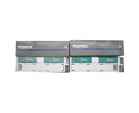 Tomix HO model railway passenger coaches, two HO-731 freight containers 106, both boxed.