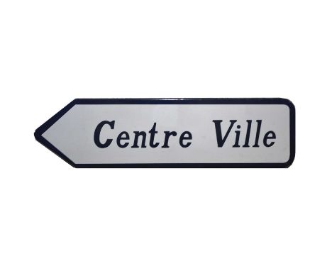 Original French railway station / road enamel arrow sign, 'Centre Ville', white ground with blue edge and text, 25cm by 94cm.