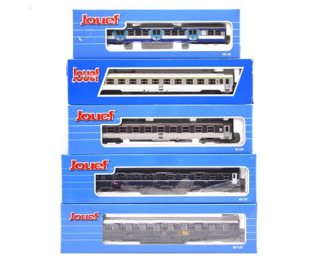 Jouef HO gauge model railway passenger coaches, five including ref HJ4013 Voiture RIB SNCF; 525000 2E classe B10; HJ4055 Wago