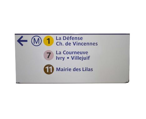 Original French railway station enamel directions sign 'M 1 7 11' La Defense Ch. de Vincennes, La Courneuve Ivry Villejuif, M