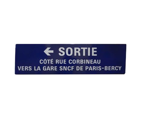 Large original french railway station / road enamel sign 'Sortie Cote Rue Corbineau Vers La Gare SNCF de Paris-Bercy', blue g