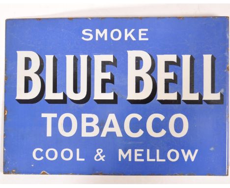 An early 20th century Industrial Blue Bell Tobacco ' Cool &amp; Mellow ' double sided enamel sign with hanging flange, in goo