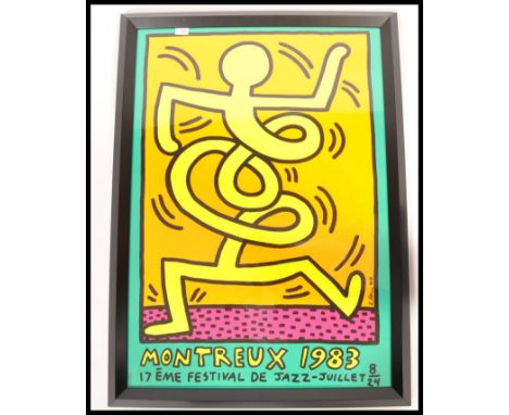 KEITH HARING. A good 17th Montreux Jazz Festival poster, 1983, silkscreen lithograph print with orange colourway, green borde