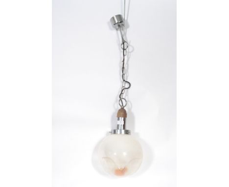 A vintage retro 20th century 1960's hanging shaped spherical pendant glass ceiling light having a chromed top and hanging cha