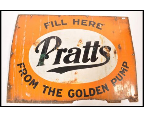 A large vintage 20th century Pratts ' Fill Here from the Golden Pump ' large enamel sign by Patent, orange ground with blue l