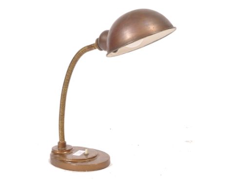 A vintage mid 20th century industrial Gooseneck desk lamp with a steel pendant shade, cast iron base with fitted switch, in t