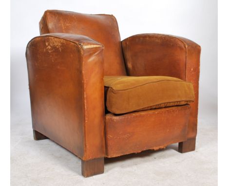A 1930's Art Deco French club chair - armchair. Full grain original leather with yellow dusk velour cushion to centre. Deep b