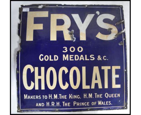 An early 20th century Fry's Chocolate enamel industrial advertising sign with notation for 300 Gold Medals - Makers to the Ki