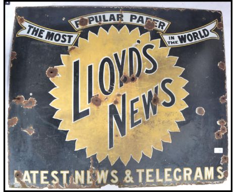 An original early 20th century enamel Industrial advertising sign for Lloyd's News - Latest News &amp; Telegrams. Black groun