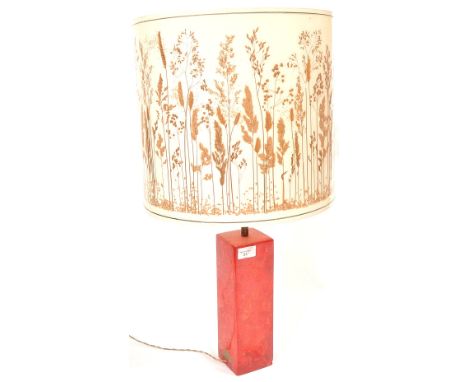 A oof retro vintage mid century Shatterline amber type resin lamp base in red and of rectangular form having a spun cylindric