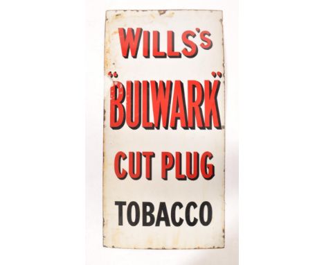 An early 20th century Industrial shop enamel advertising sign for Will's Bulwark Cut Plug Tobacco. White ground with red nota