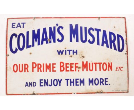 An original early 20th century Industrial shop advertising enamel sign for Colmans mustard. White ground with further notatio