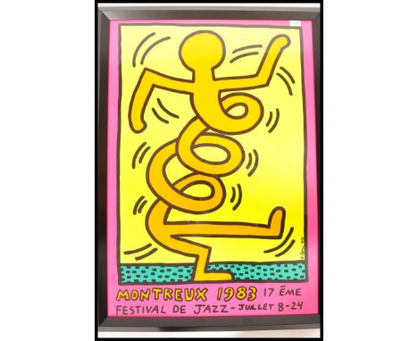 KEITH HARING. A good 17th Montreux Jazz Festival poster, 1983, silkscreen lithograph print with yellow colourway, pink border