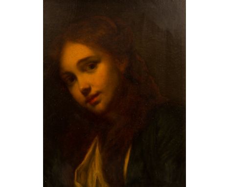 Follower of Jean-Baptiste Greuze, 19th Century/Portrait of a Girl/bust length, wearing a green jacket/oil on panel, 39cm x 30