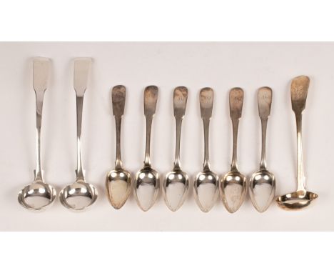 Six Scottish silver teaspoons, James McKay, Edinburgh 1817, fiddle pattern, initialled to handles, a pair of silver ladles, M