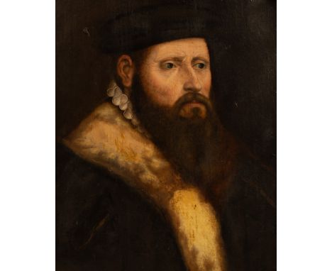 Follower of Hans Eworth/Portrait of a Bearded Man/half-length, wearing a black doublet with fur collar and black cap/oil on p