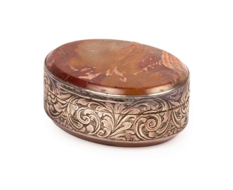 A George III snuff box, John Shaw, Birmingham 1813, oval with agate set to cover and base, having engraved border of acanthus