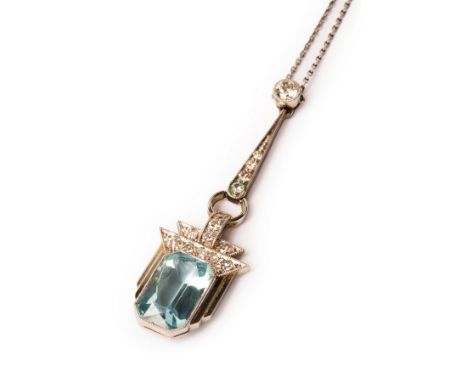 An Art Deco aquamarine and diamond pendant necklace, the canted rectangular mixed cut aquamarine approximately 11.6mm x 7mm x