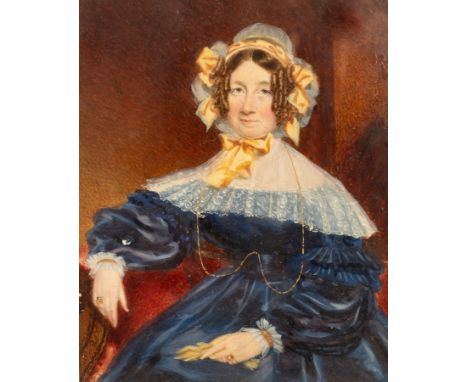 English School, circa 1840/Portrait Miniature of Juliana Strickland/three-quarter length, seated wearing a blue dress/waterco