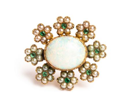 A 19th Century opal and half-pearl cluster brooch, the opal cabochon in a surround of emerald and half-pearl flowerheads, clo