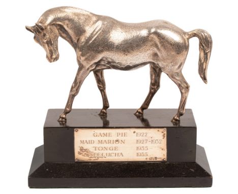 A silver horse trophy, Edward Barnard & Sons Ltd, London 1967, the horse on an ebonised plinth with silver plaques to each si