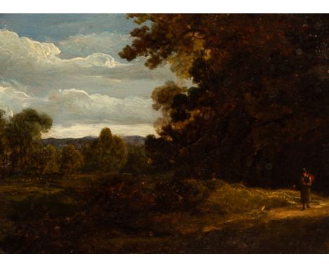 Burgess (19th Century)/Figure Walking on a Woodland Path/labelled to the frame/oil on panel, 10cm x 12.5cm  CONDITION REPORT: